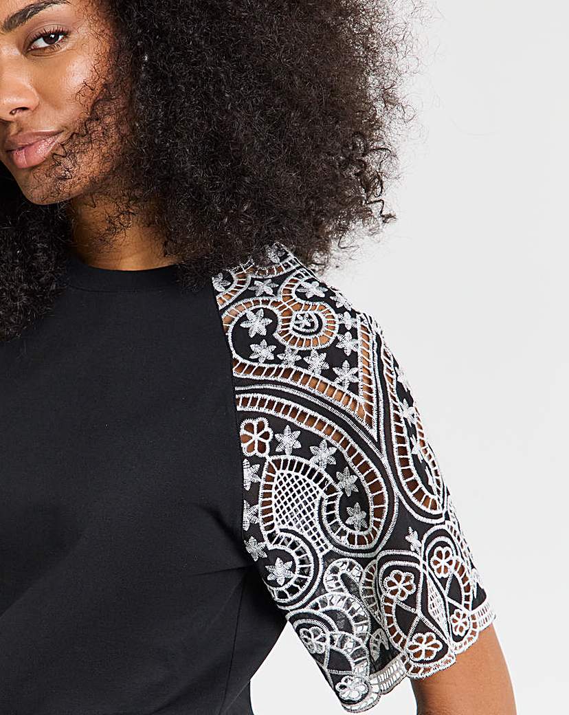 Contrast Broderie Raglan Sleeve T-Shirt