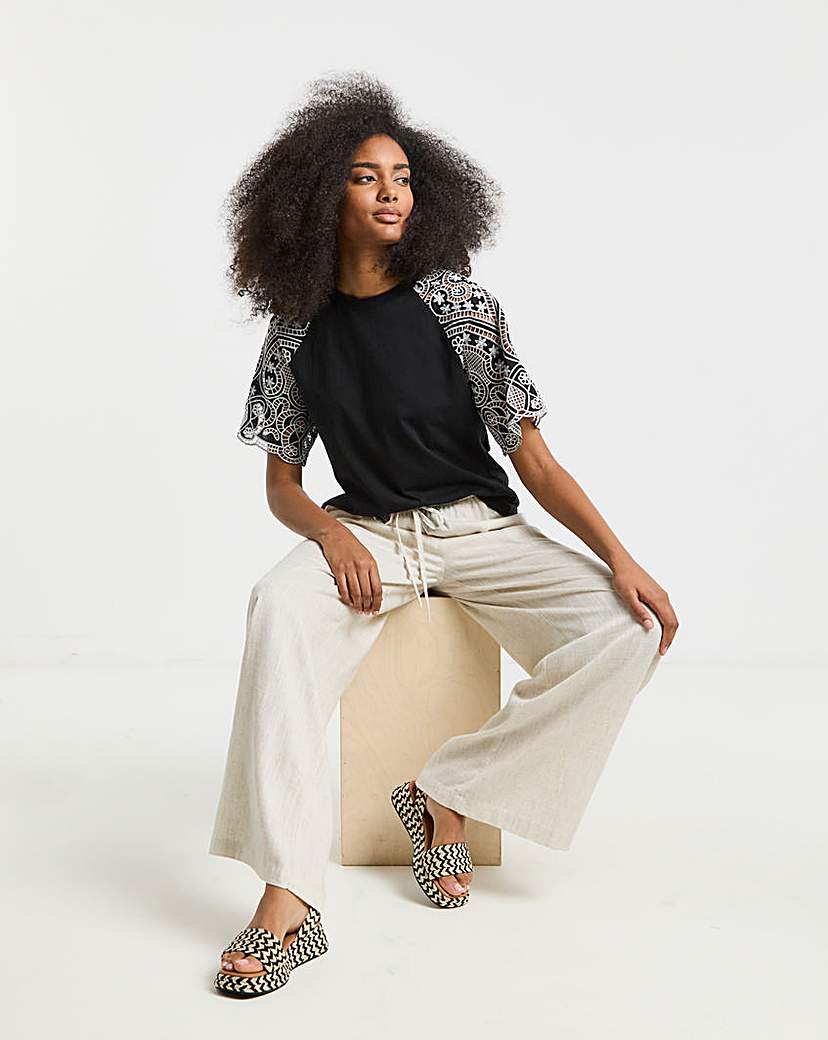 Contrast Broderie Raglan Sleeve T-Shirt