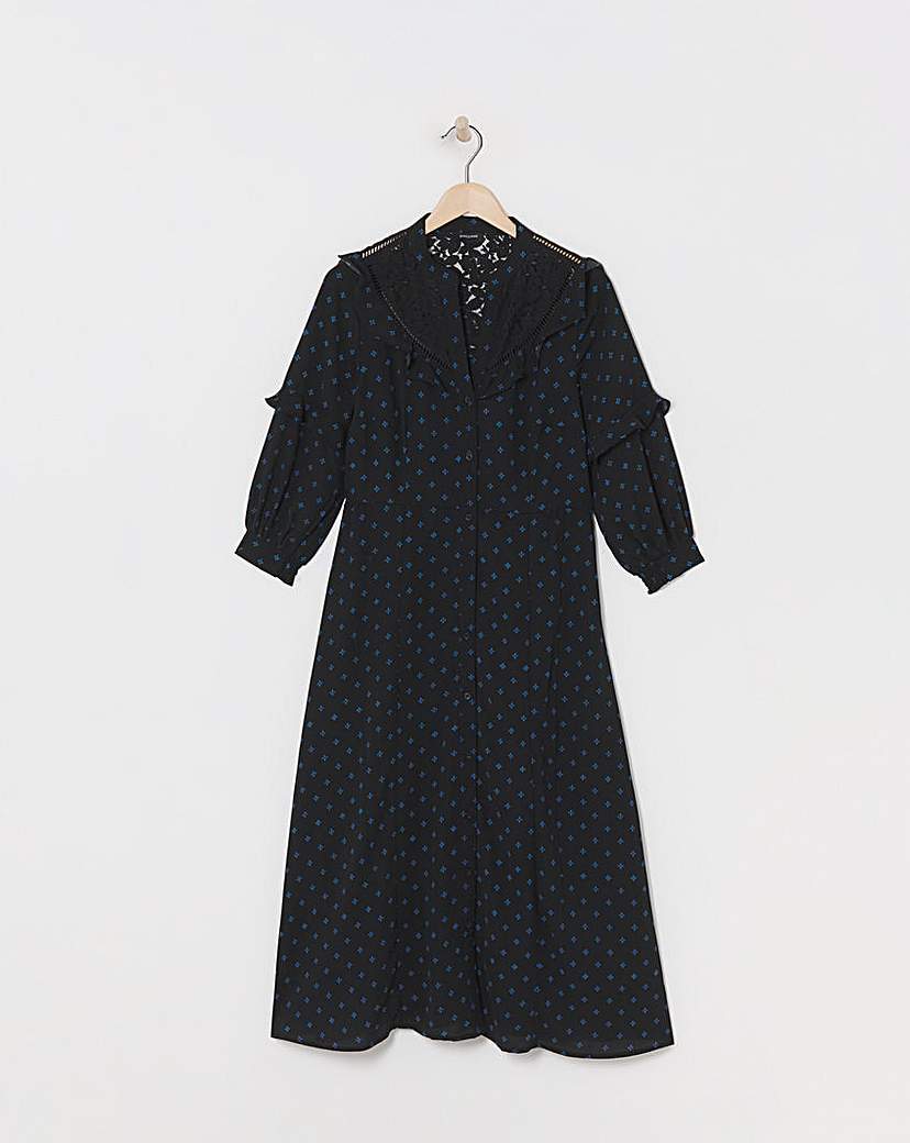Lace Yoke Frilled Shirt Dress