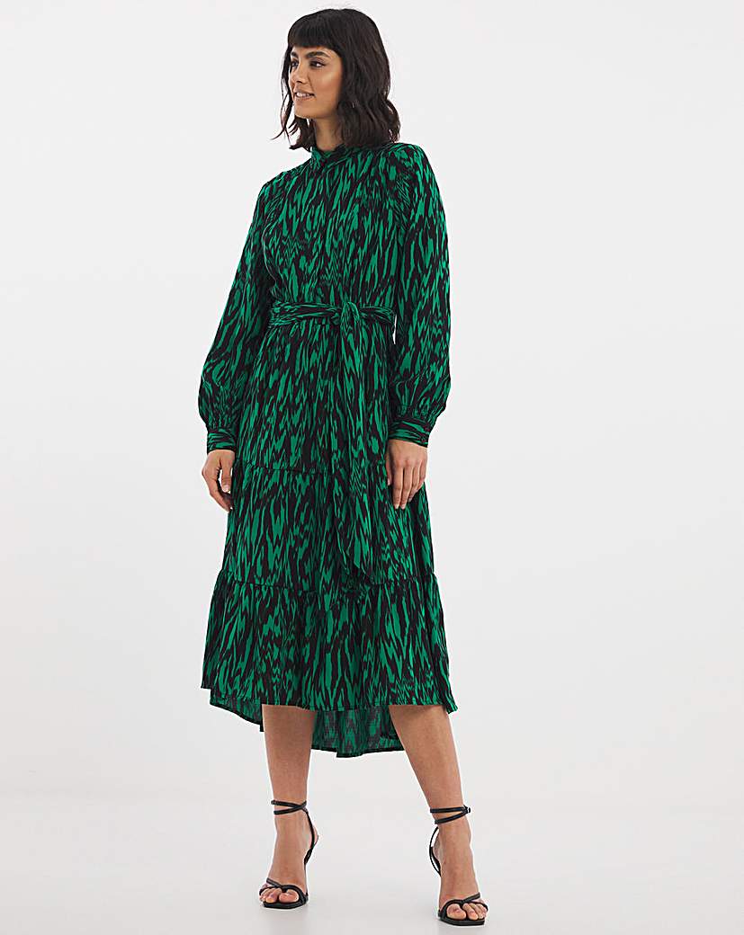 Green Textured Dipped Hem Shirt Dress