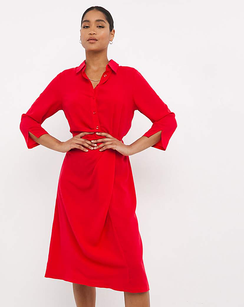 Red Gathered Shirt Dress