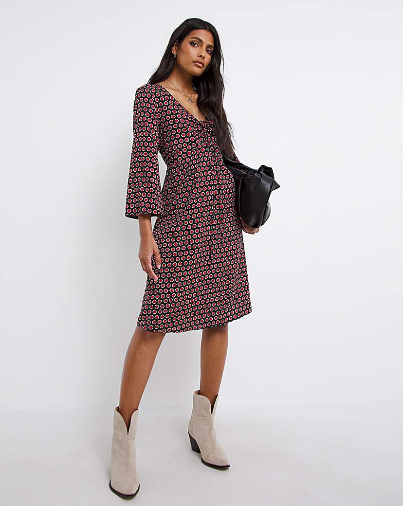 Ruched Tie Neck A-Line Dress