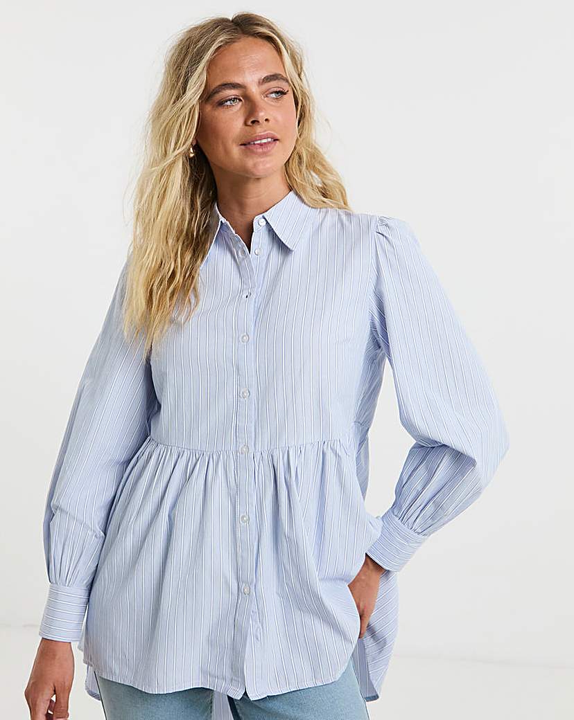 Blue Dip Back Longline Peplum Shirt