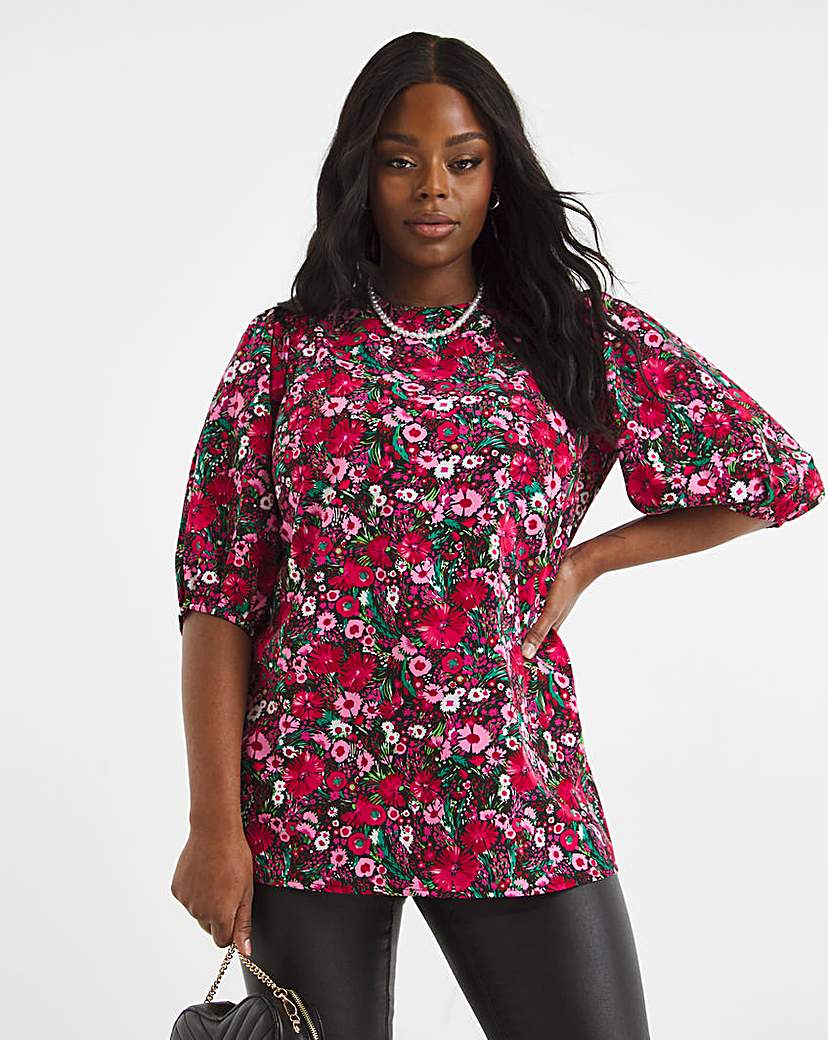 floral print longline shirred boxy top
