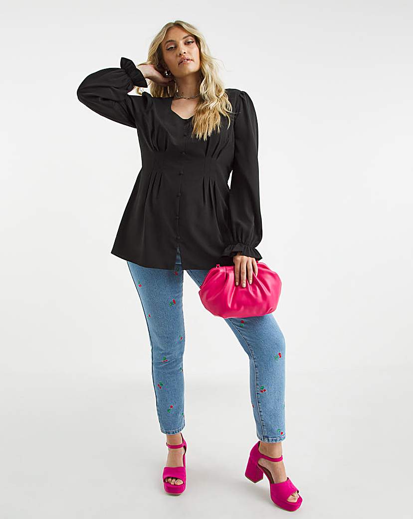 Black Long Sleeve Fitted Corset Blouse - Black - Size 10 - Women's - Polyester.