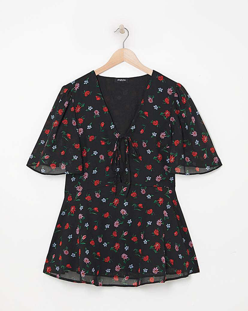 Ruched Keyhole Tie Blouse - Black Print - Womens - Size 10 - Simply Be