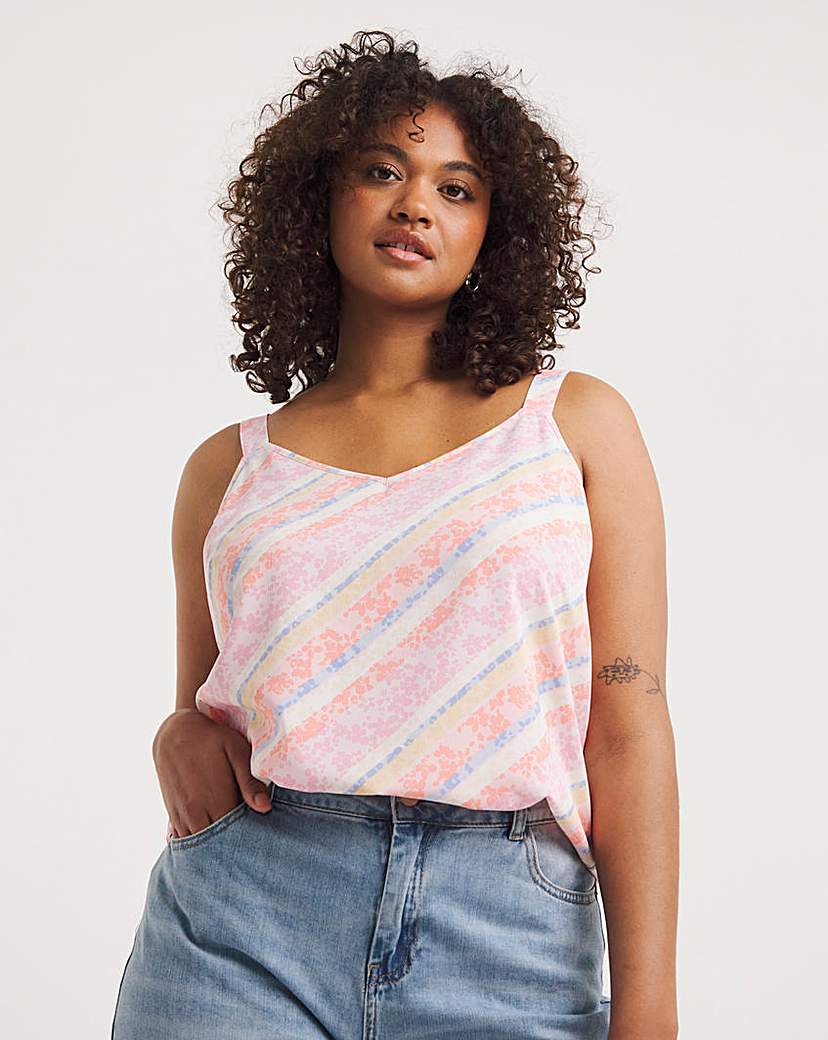 Pink Print V Neck Woven Strappy Cami