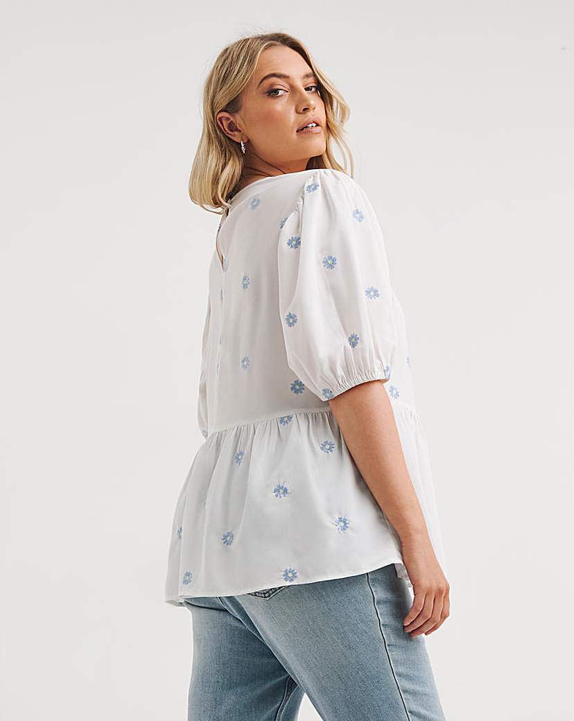 White Embroidered Puff Sleeve Top