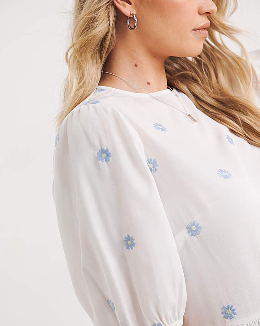 White Embroidered Puff Sleeve Top