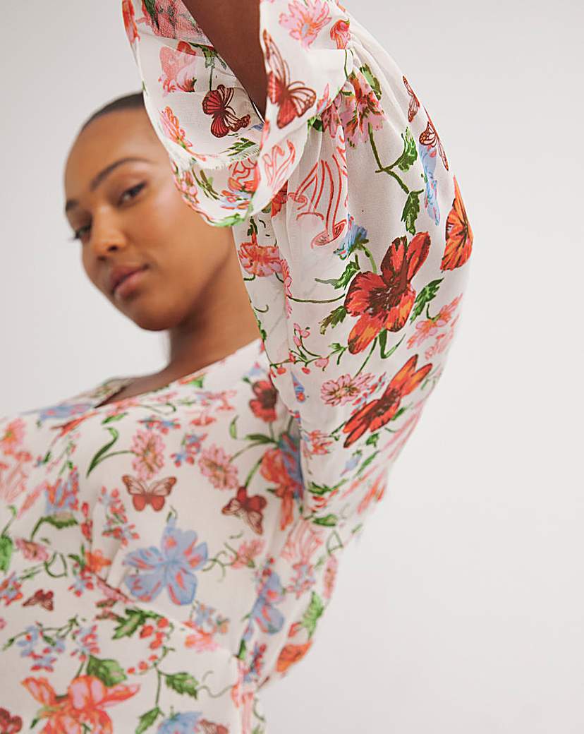 Ivory Floral Print V Neck Chiffon Blouse