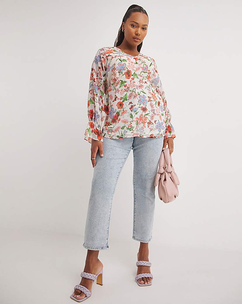 Ivory Floral Print V Neck Chiffon Blouse