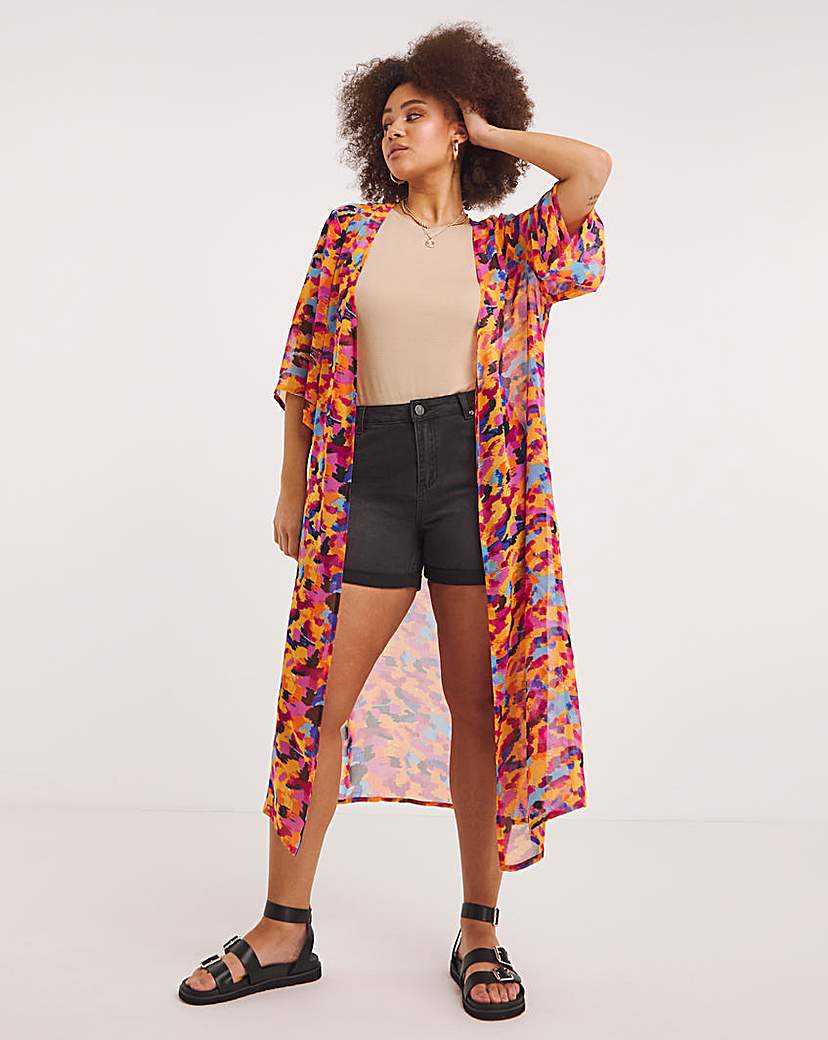 Sheer Longline Short Sleeved Kimono - Black/Pink