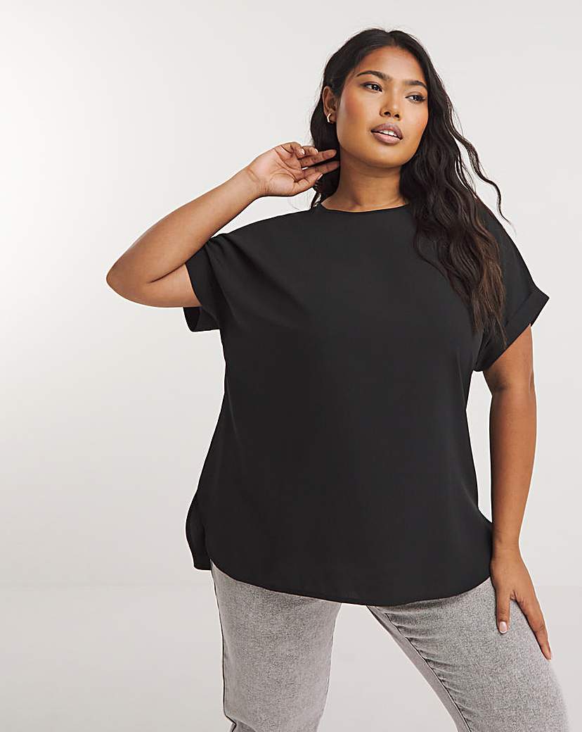 Black Roll Sleeve Dip Back Woven Blouse