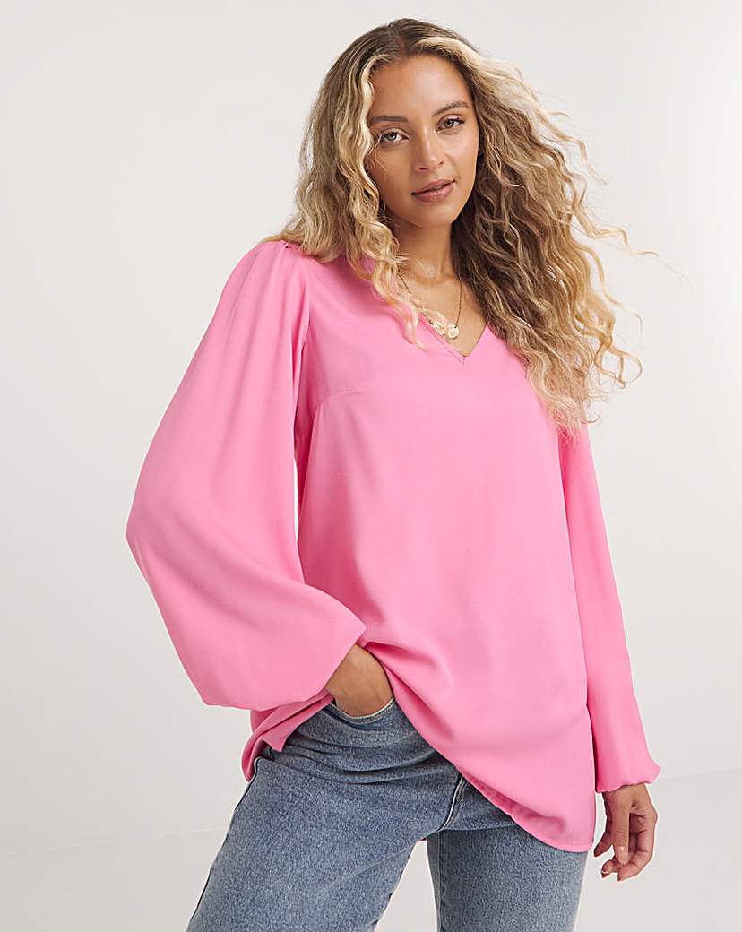 Pink Long Sleeve Woven Boxy Blouse