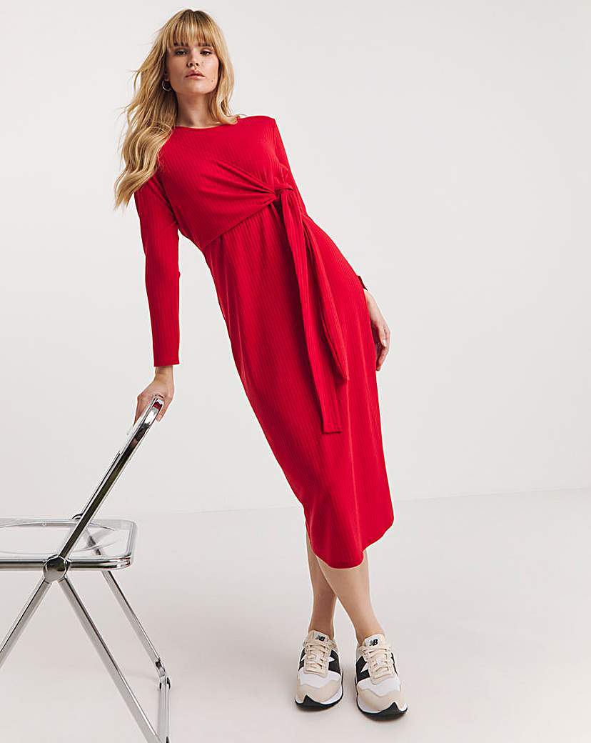 Red Ribbed Wrap Midi Dress