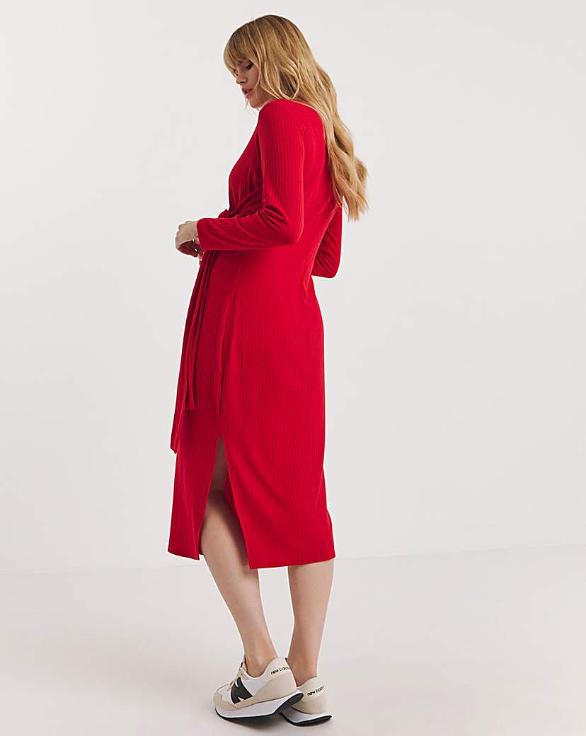 Red Ribbed Wrap Midi Dress