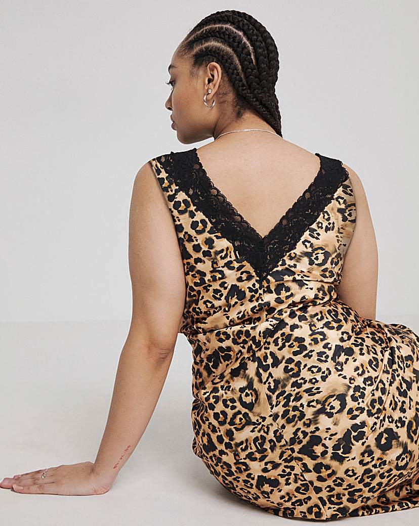 Leopard Print Lace Trim Satin Slip Dress