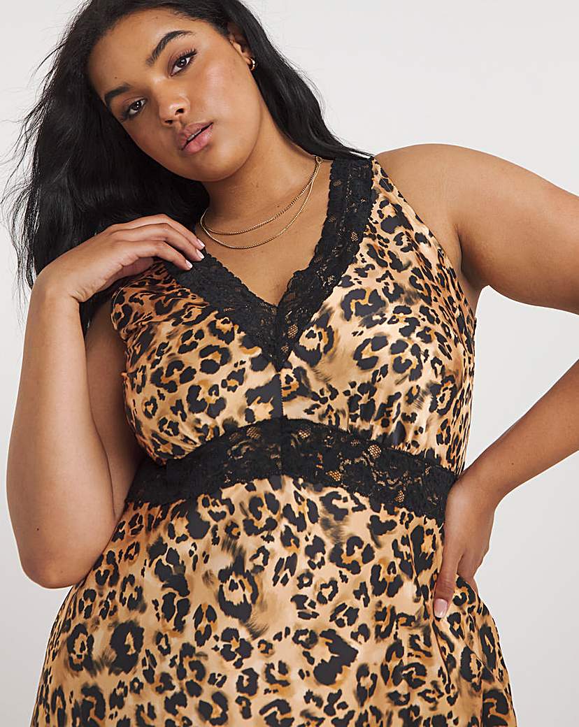 Leopard Print Lace Trim Satin Slip Dress