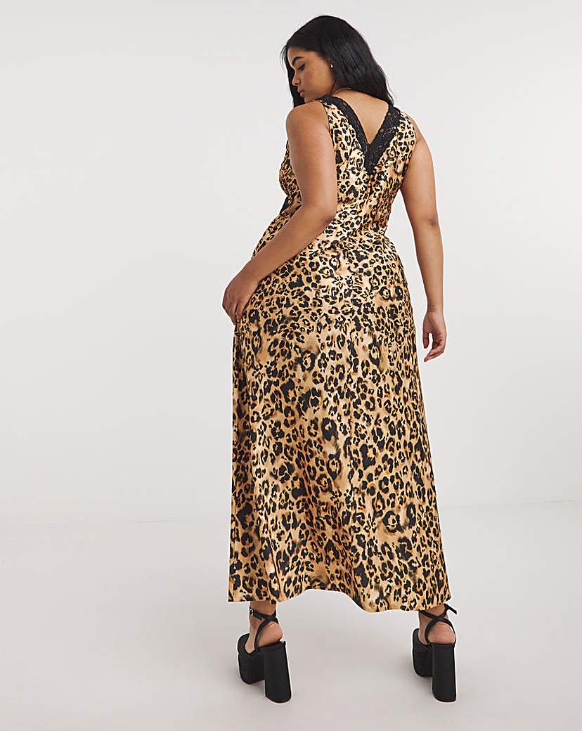 Leopard Print Lace Trim Satin Slip Dress