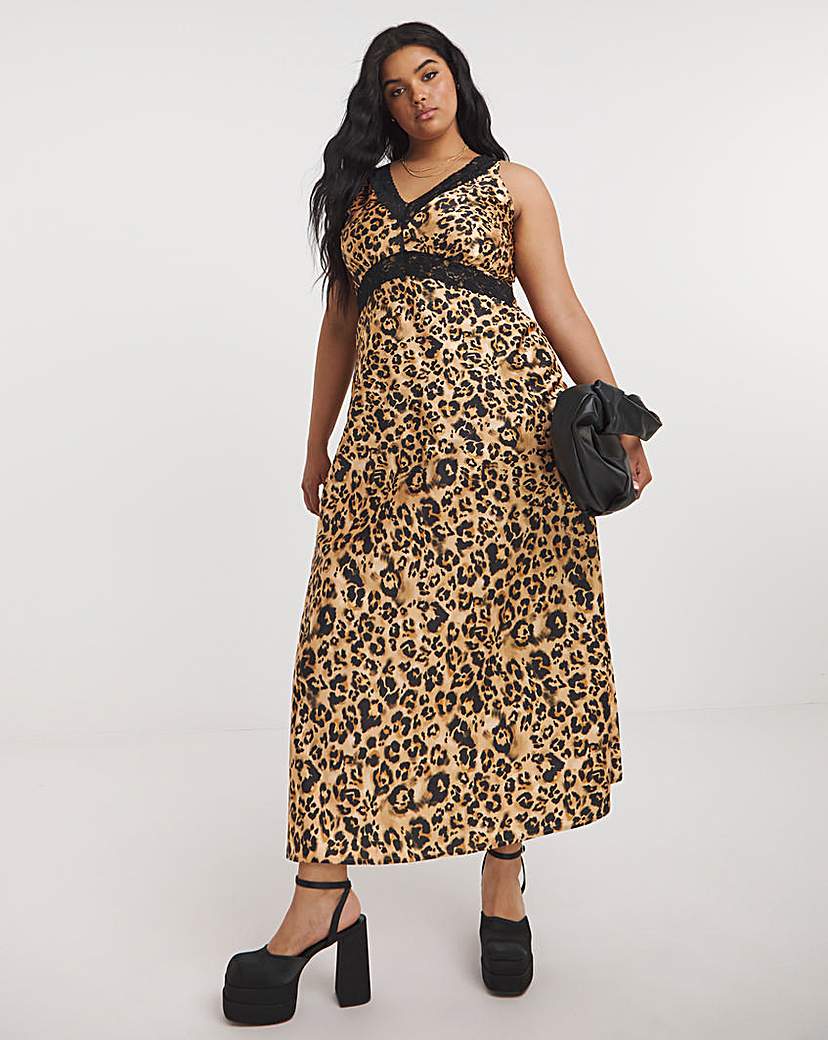 Leopard Print Lace Trim Satin Slip Dress