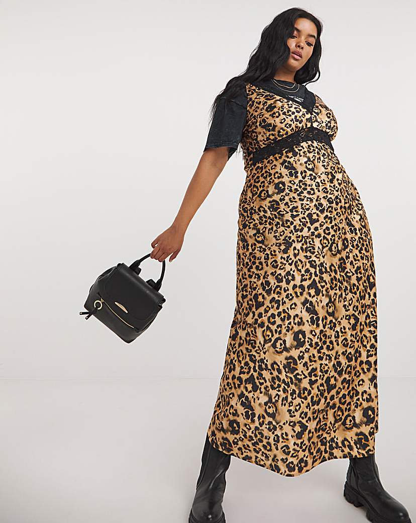 Leopard Print Lace Trim Satin Slip Dress