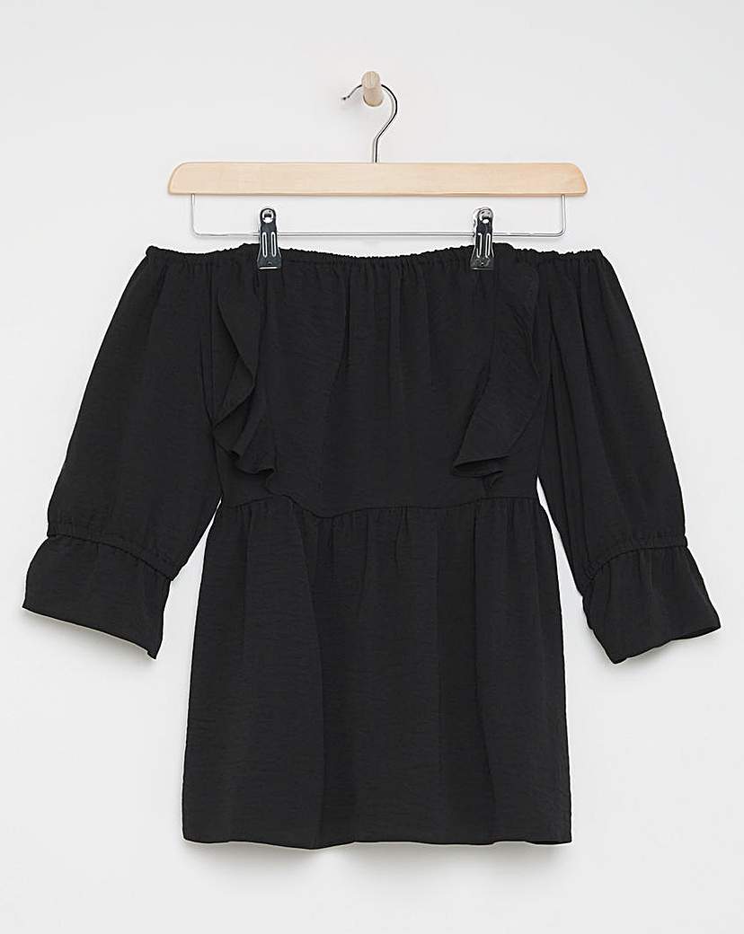 Black Ruffle Front Bardot Blouse
