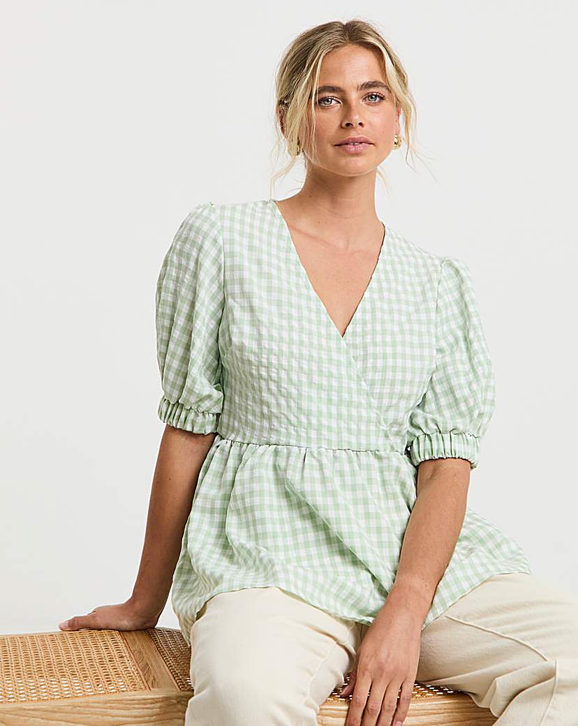 Puff Sleeve Gingham Wrap Top