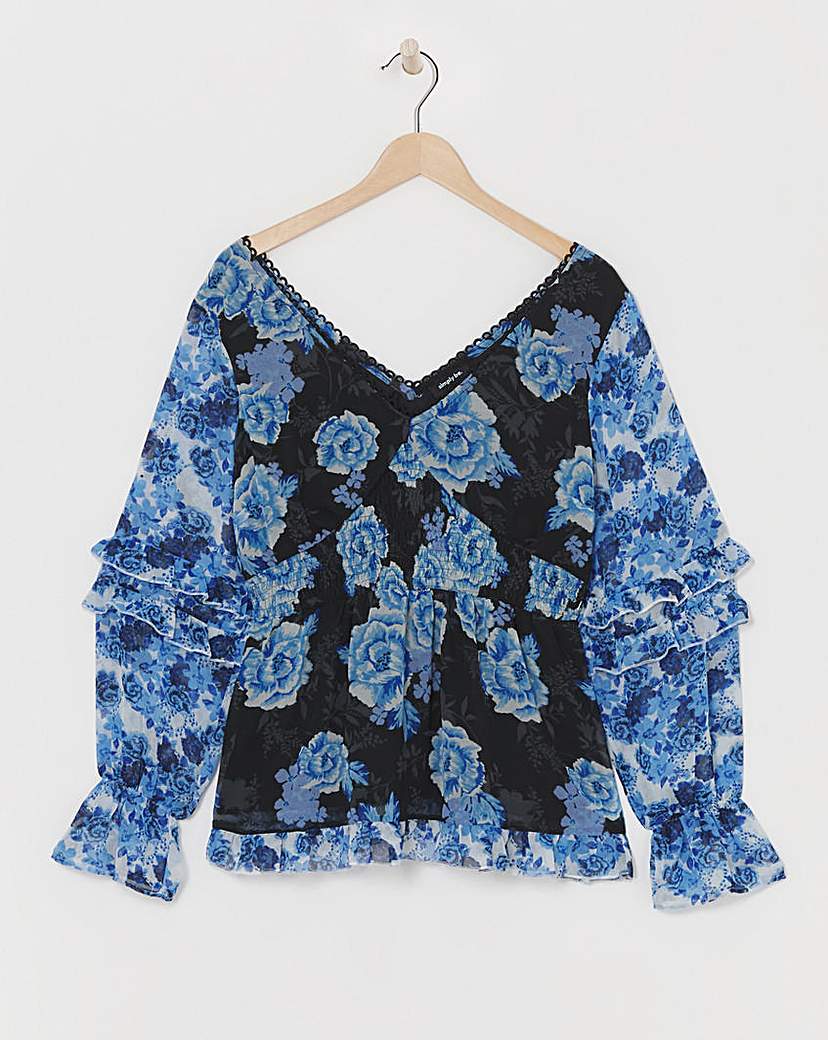 Shirred V-Neck Peplum Blouse - Blue floral - Size 10 - Women's - Polyester.