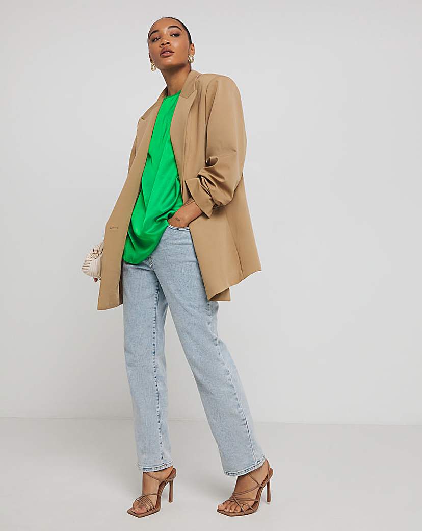Green Satin Boxy Top With Roll Sleeve