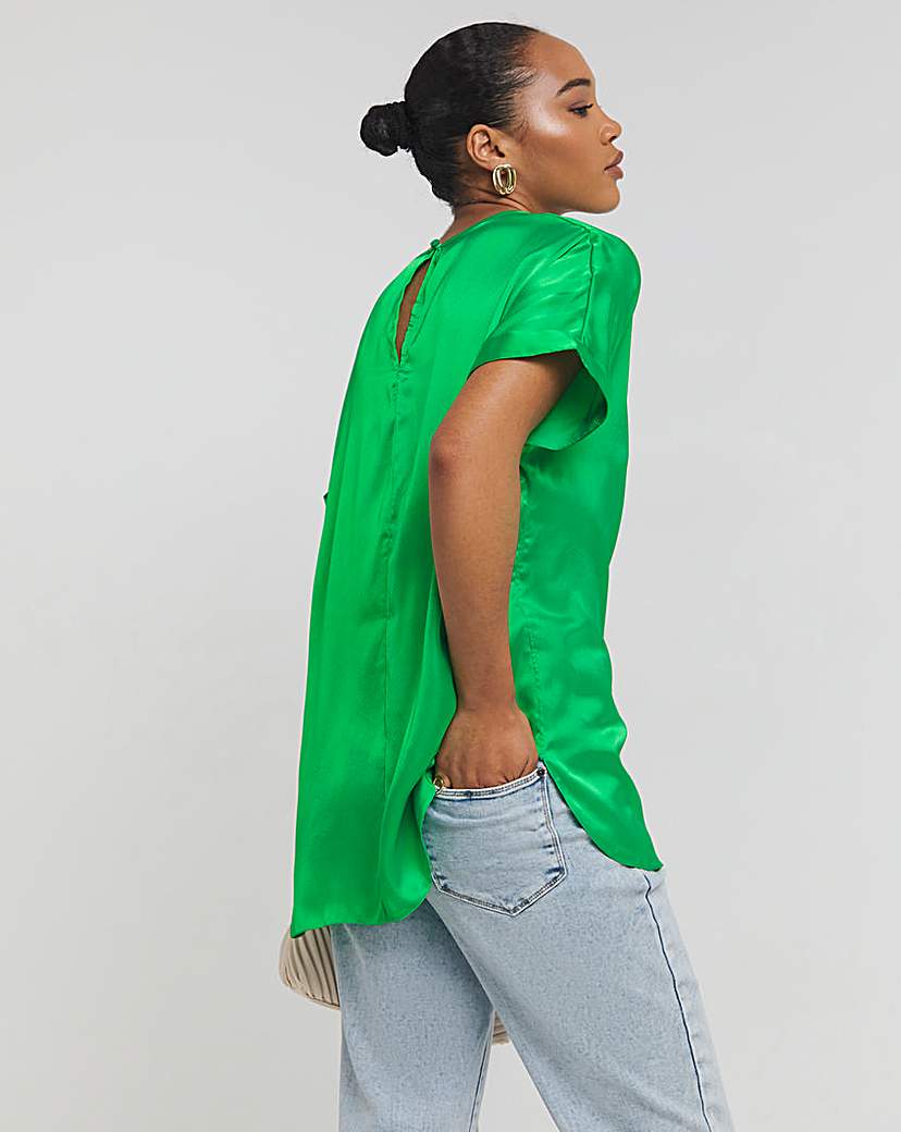 Green Satin Boxy Top With Roll Sleeve