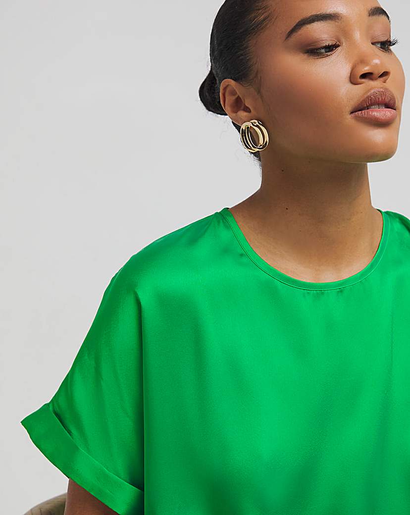 Green Satin Boxy Top With Roll Sleeve