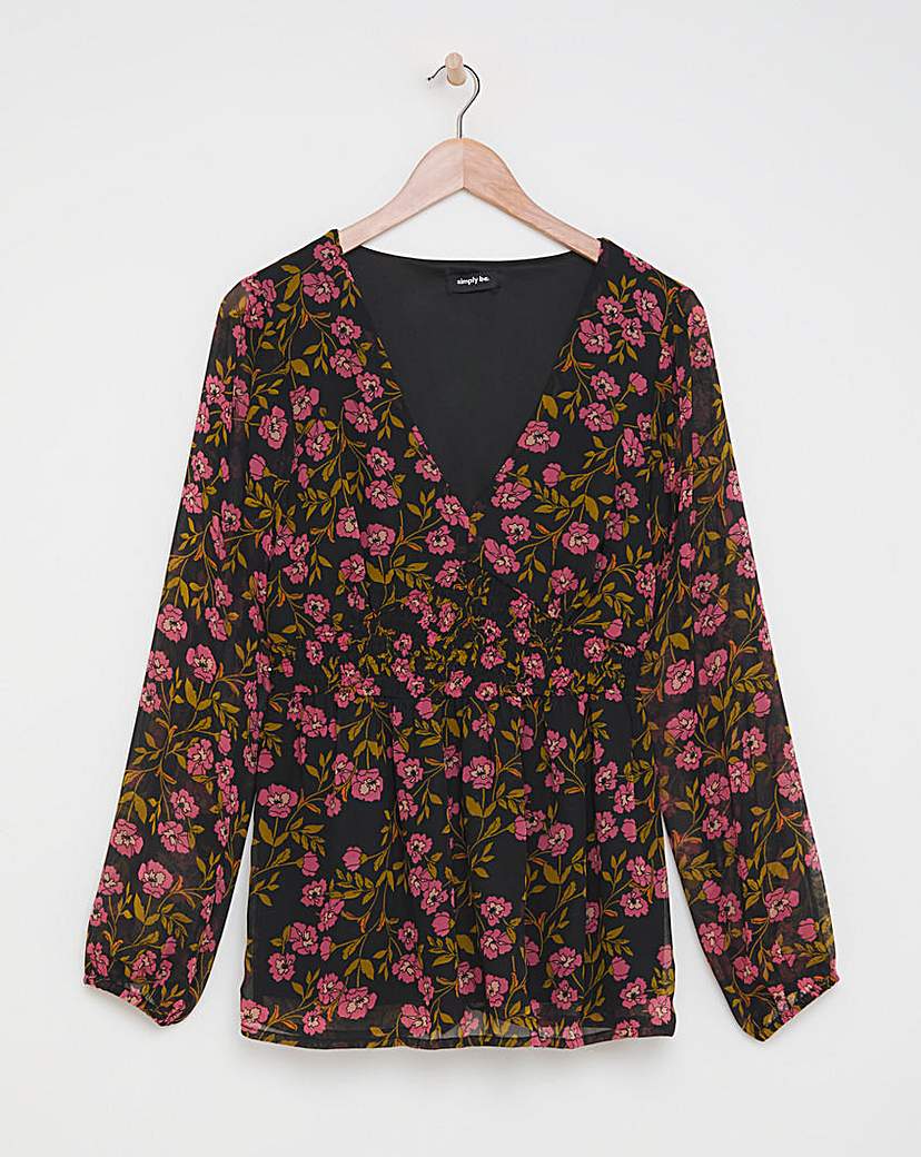 Black Floral Print V Neck Shirred Blouse
