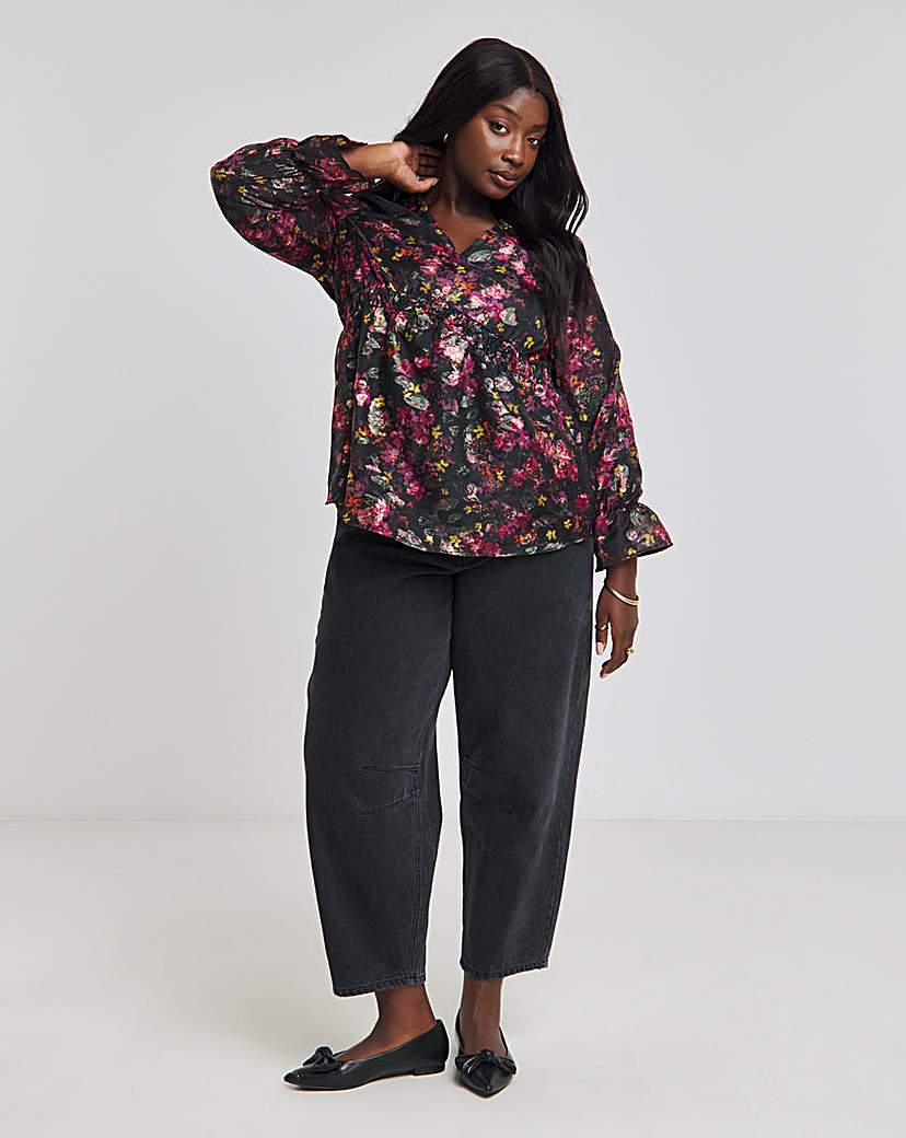 Foil Black Floral Print V Neck Blouse