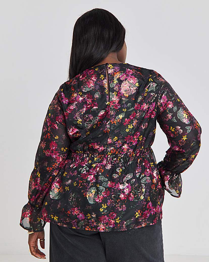 Foil Black Floral Print V Neck Blouse