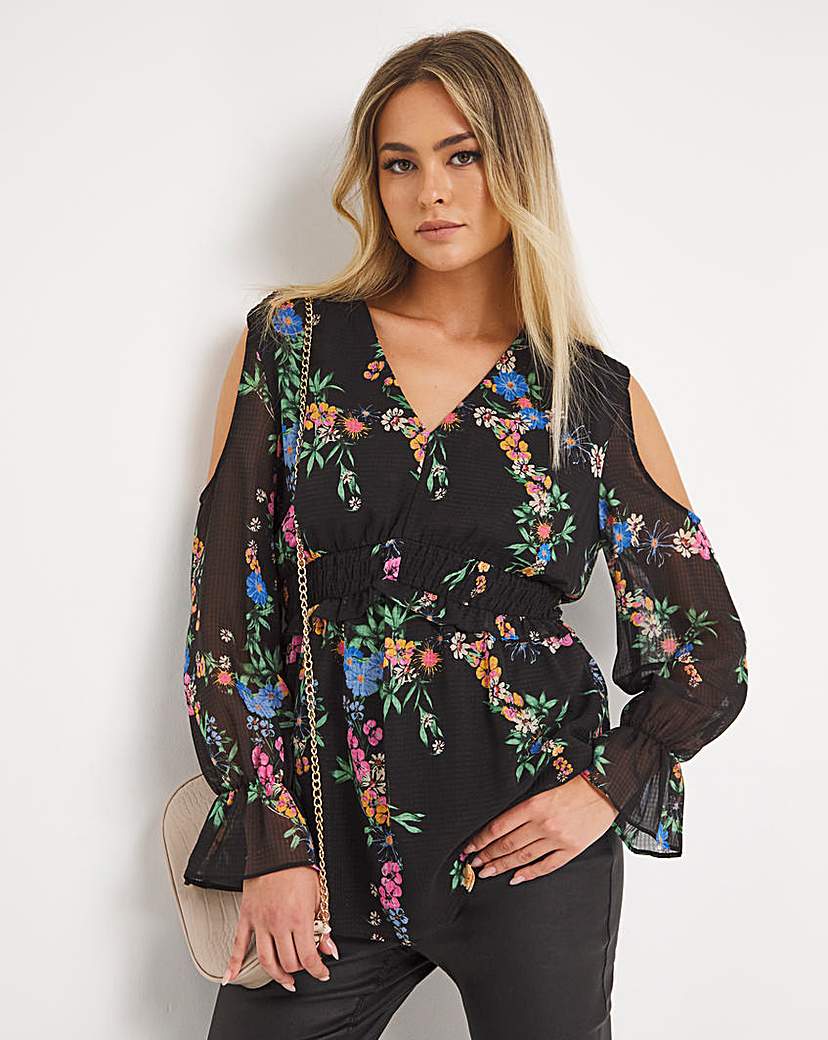 Black Floral Frill Cold Shoulder Top - Black Floral