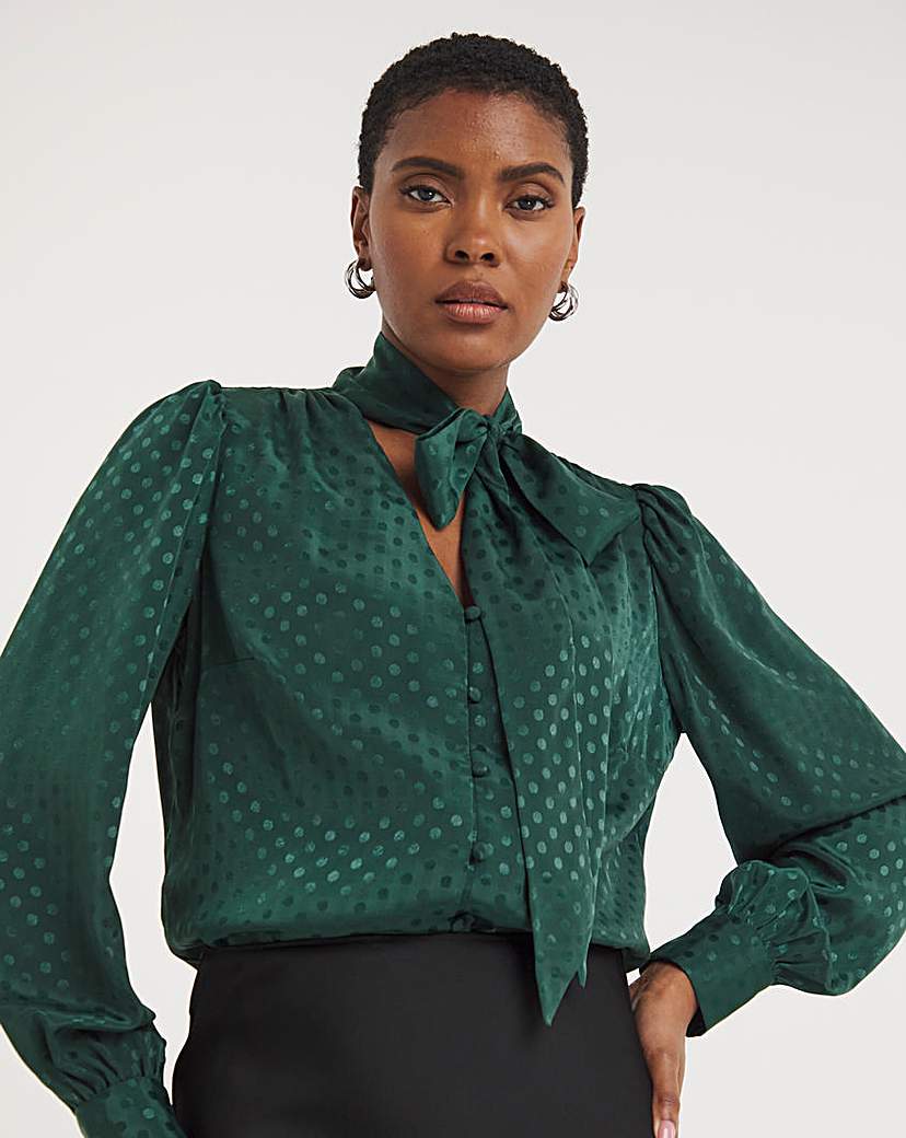 Jacquard Spot Tie Neck Blouse