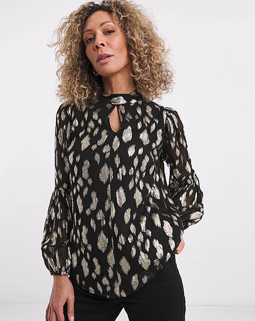 Keyhole Metallic Jacquard Blouse