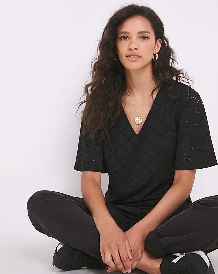 Black Stretch Jersey Broderie Top