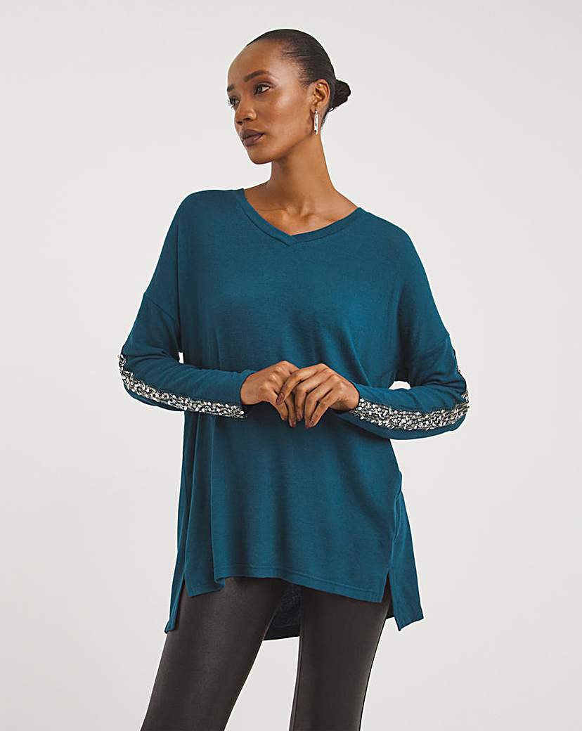 Deep Teal Sequin Trim Knit Look Tunic