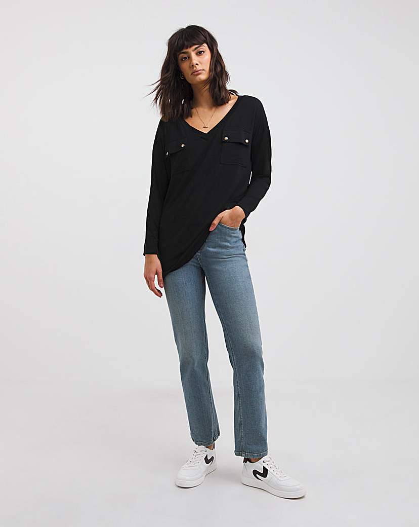 Utility Pocket Long Sleeve Black Top - Black