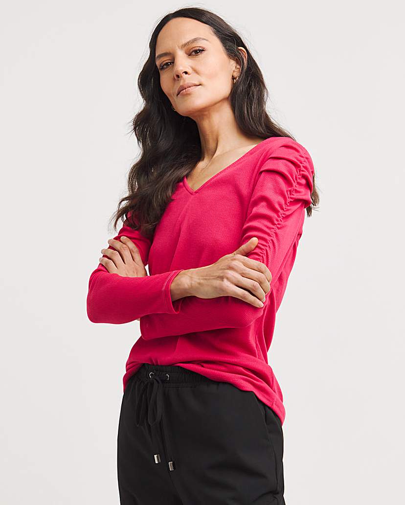 Ruched Shoulder Cerise Long Sleeve Top