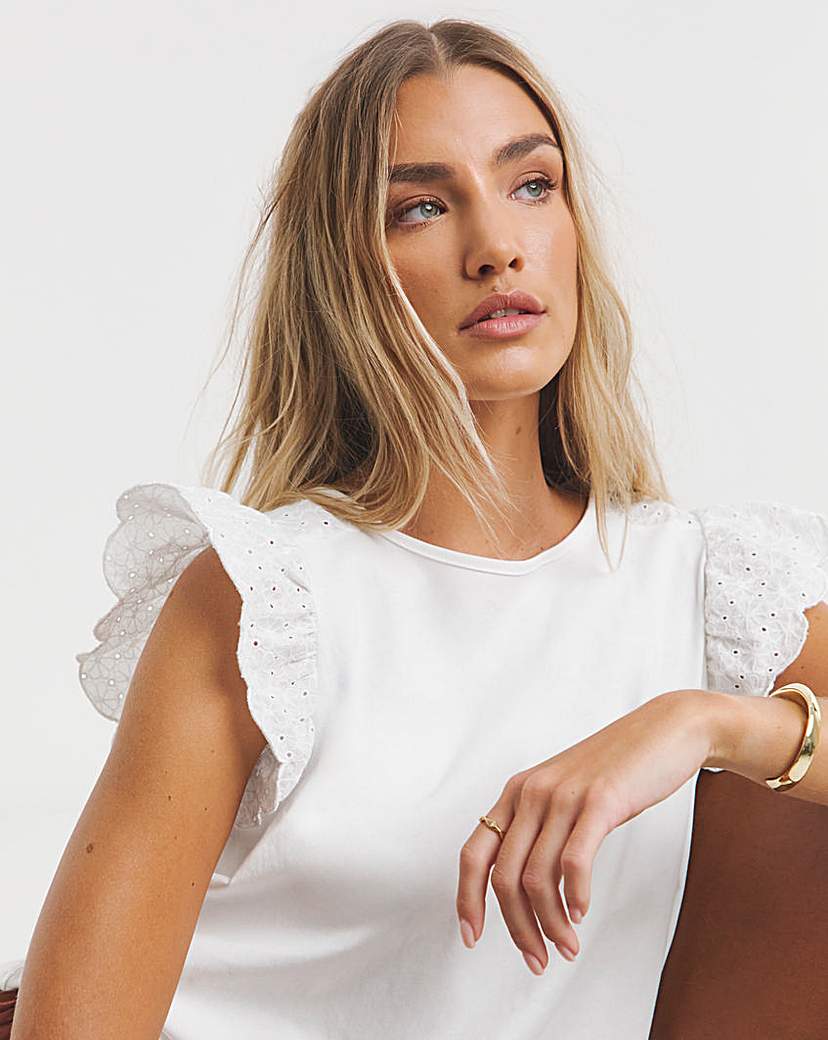 Broderie Frill Sleeve Top with Tie