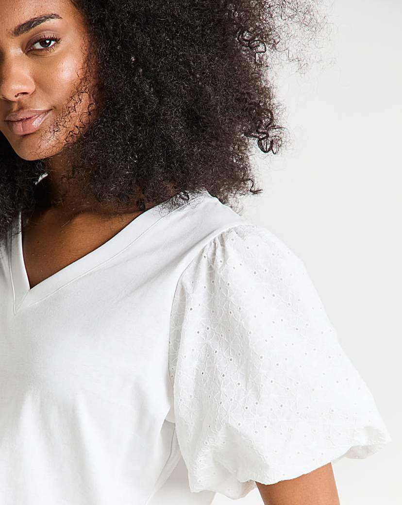Broderie Puff Sleeve V Neck T-Shirt