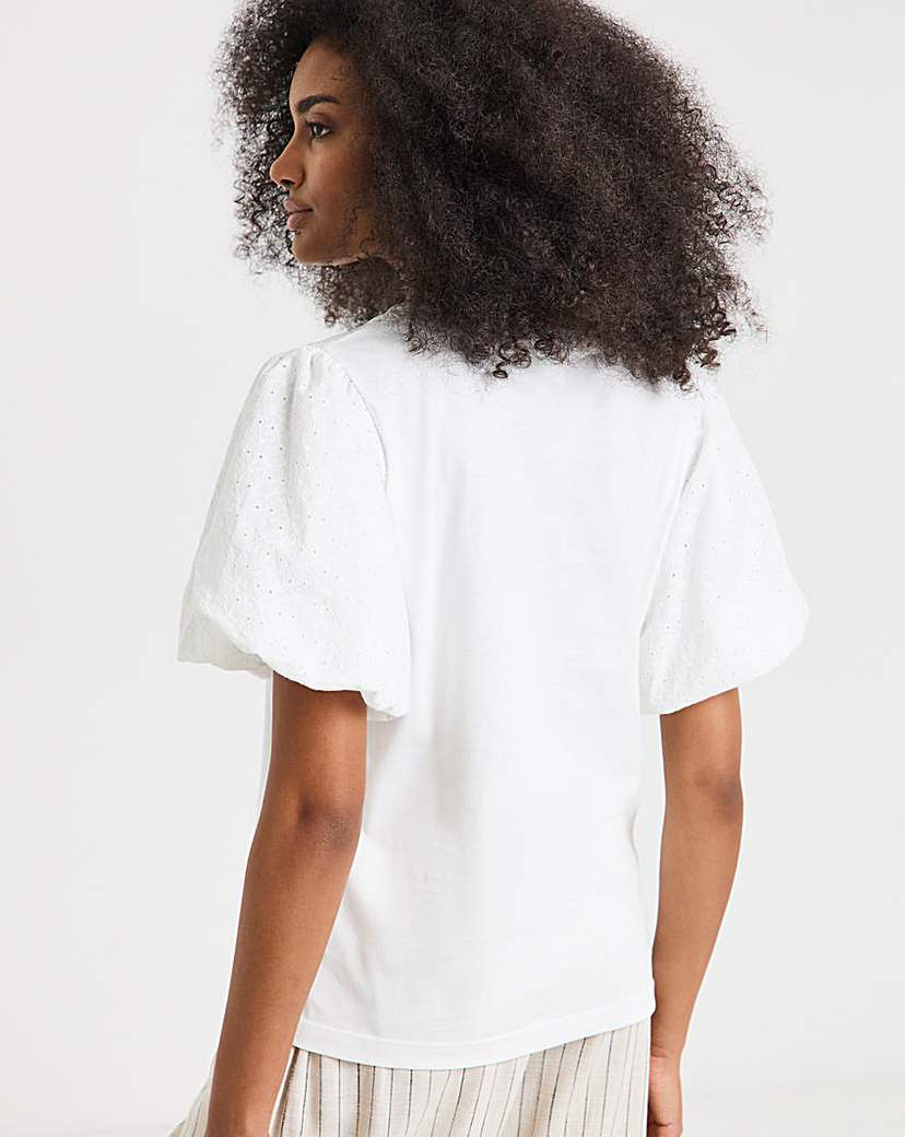 Broderie Puff Sleeve V Neck T-Shirt
