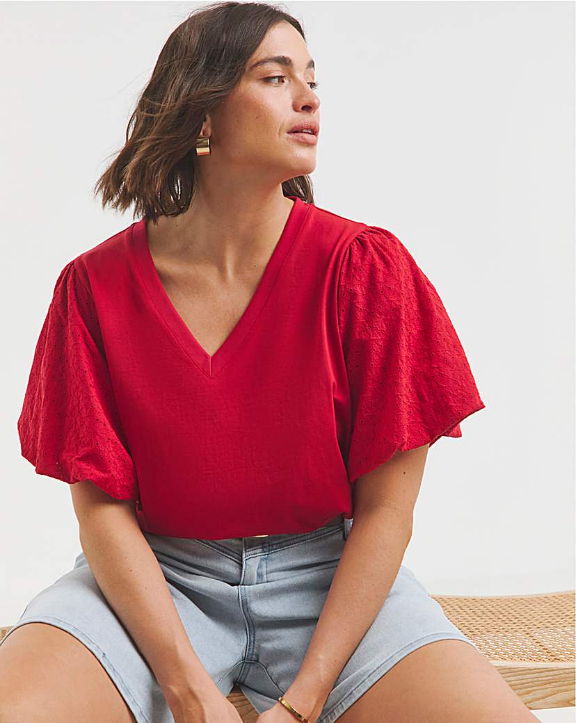 Broderie Puff Sleeve V Neck T-Shirt