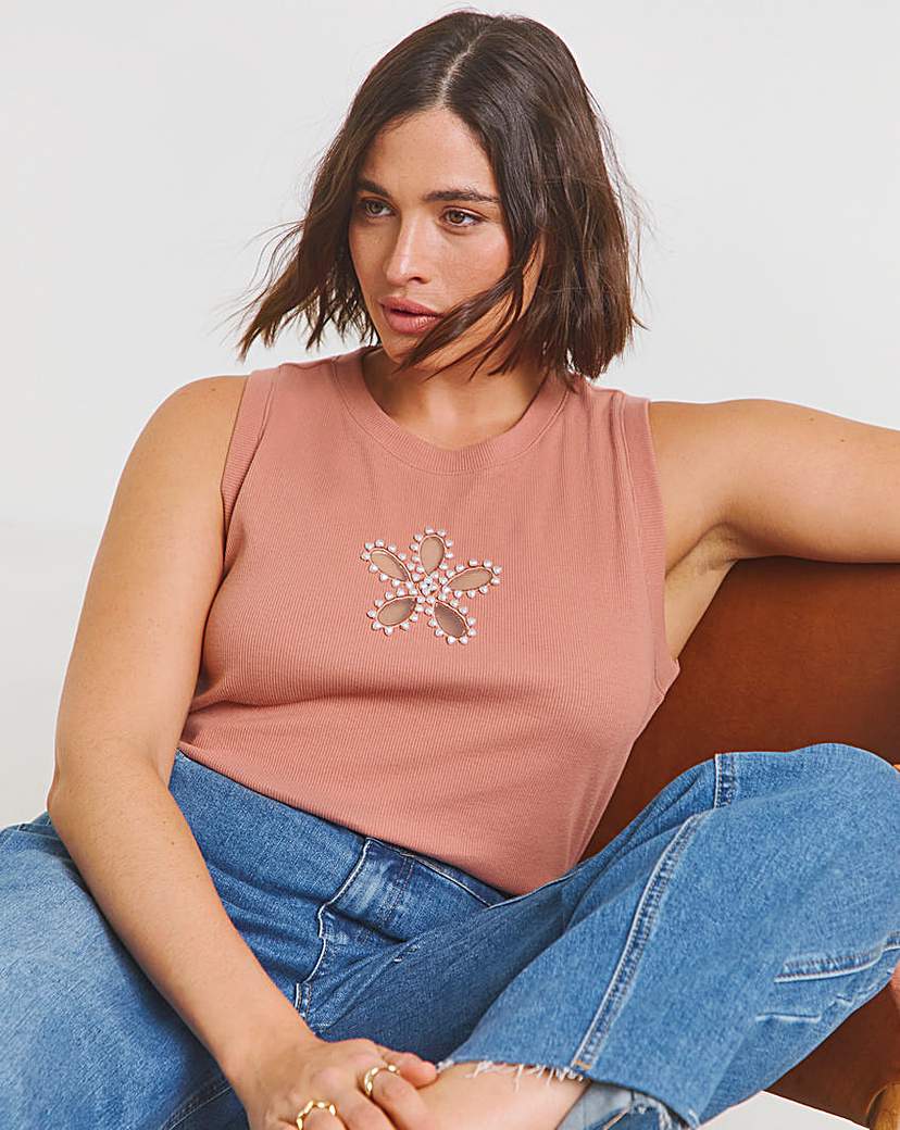 New In - Flower Cut Out Tank with Pearls