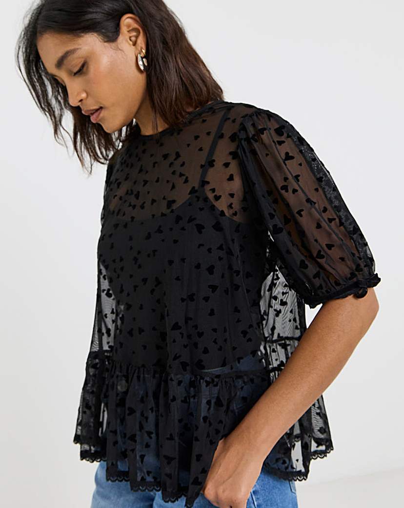 New In - Velvet Heart Mesh Puff Sleeve Top