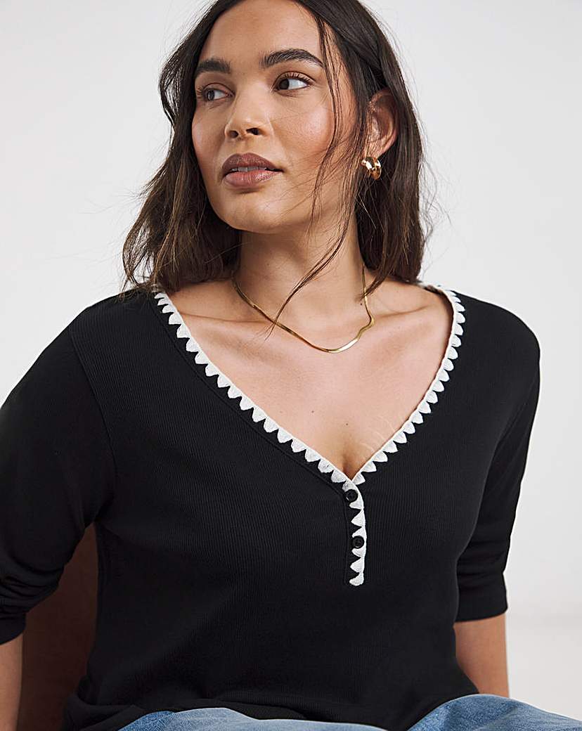 New In - Ribbed Henley Top with Whipstitching