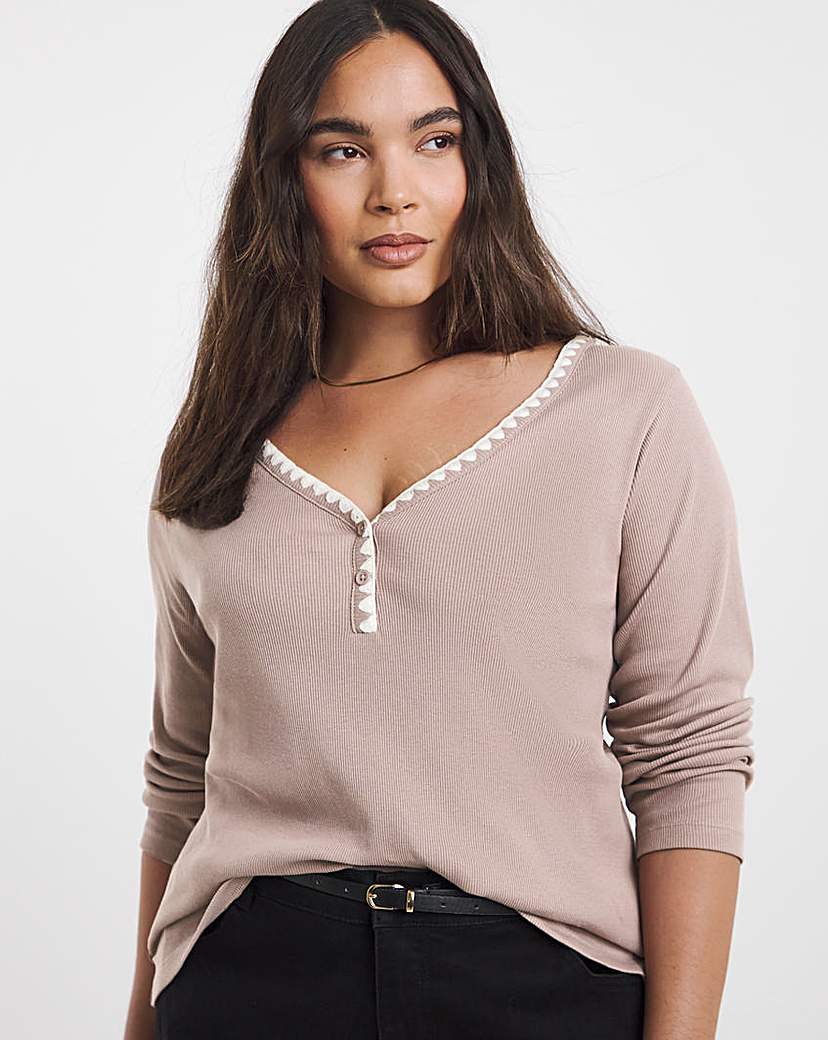 New In - Ribbed Henley Top with Whipstitching