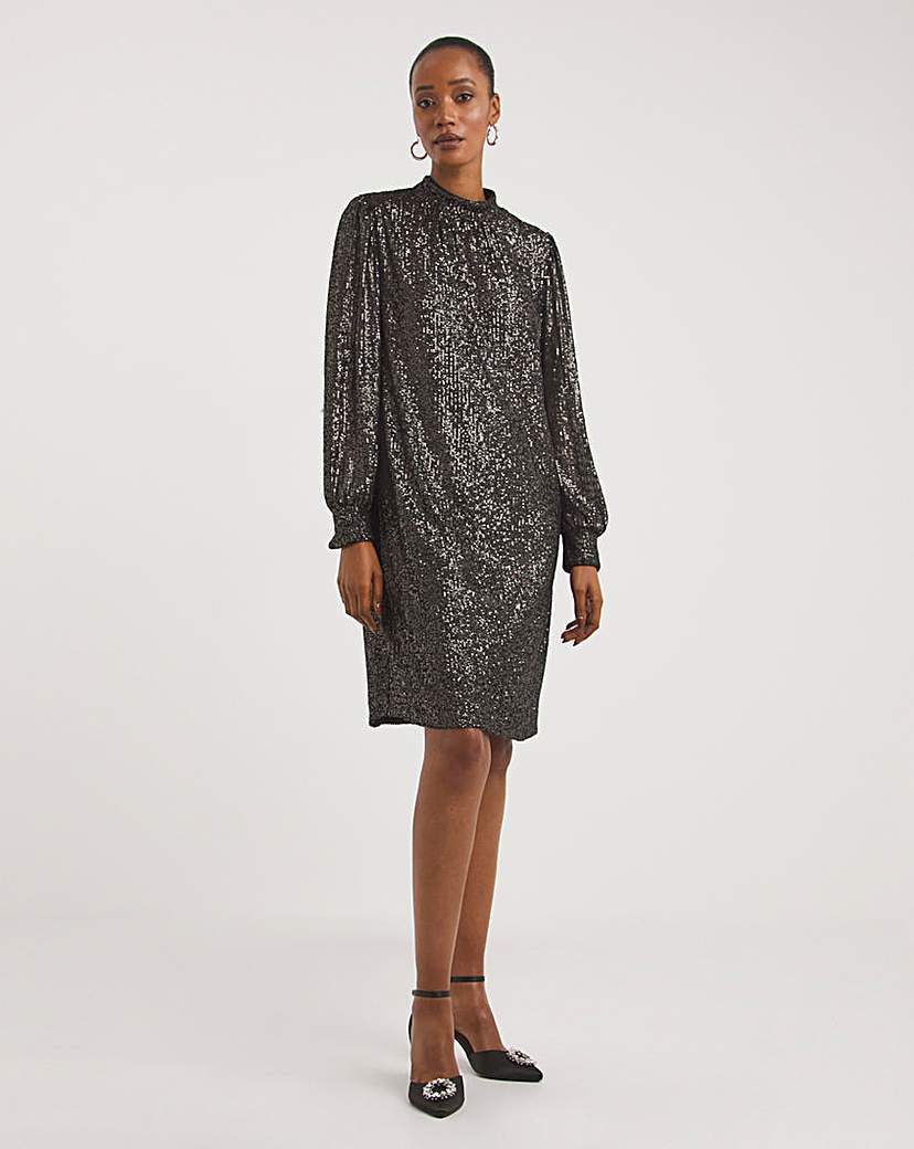 High Neck Sequin Shift Dress